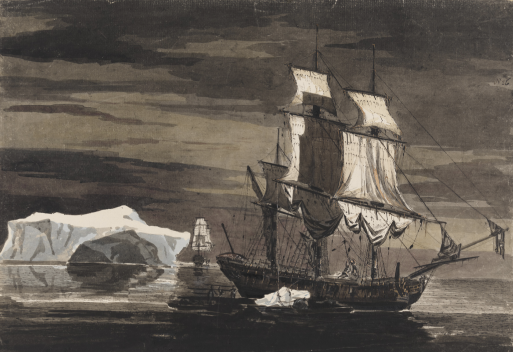 Cook's ships Resolution and Adventure in the ice near Antarctica